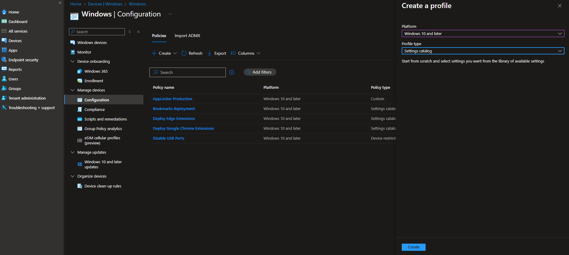 Creating a new configuration profile in Intune